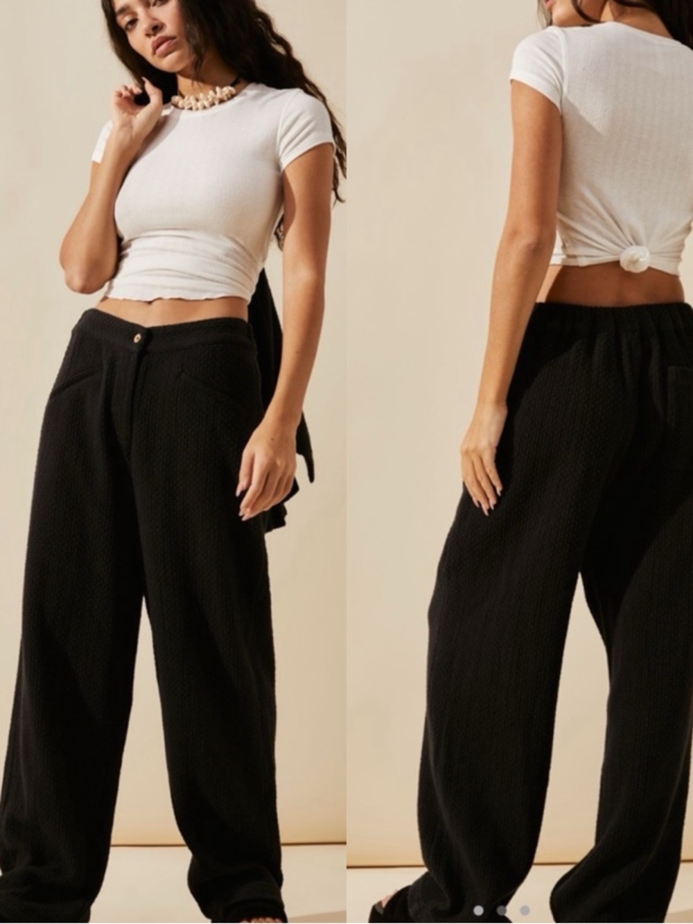 FREE PEOPLE Like A Cloud Waffle Cotton Knit Black High Waist Pants Trousers